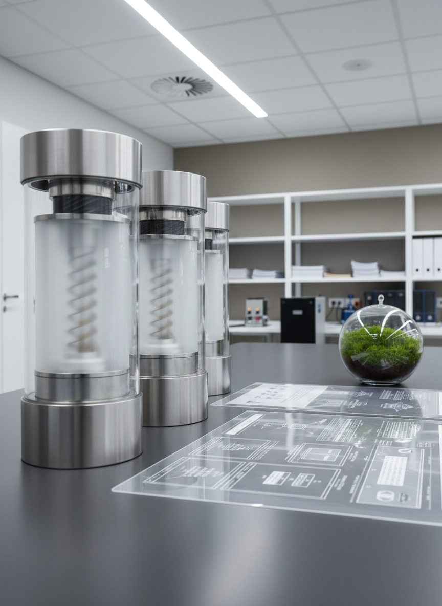 A collection of carefully arranged cylindrical carbon reduction modules—engineered with brushed steel and frosted glass—resting on a polished graphite surface, beside technical diagrams and a small, potted green moss sphere for a touch of organic life. The environment is a neutral-toned R&D workspace, with clean shelving and integrated LED panel lighting producing crisp, even illumination with subtle reflections on the modules. The mood is innovative, methodical, and optimistic, achieved via a sharp, photographic approach and balanced, corporate layout. Shot from a close-up, side angle for detail emphasis, this composition showcases decarbonization expertise and technological advancement.