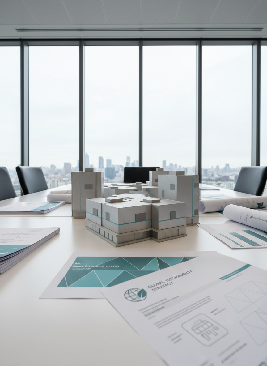 A set of modern, modular architectural models made of brushed aluminum and eco-friendly composite materials arranged on a pristine white conference table. Around the models are neatly placed analytical documents and blueprints with subtle teal highlights. The environment is a spacious, glass-walled boardroom with a backdrop of muted cityscape silhouettes, creating context for international consulting. Soft, diffused daylight comes through large windows, casting even light and minimal shadows. The mood is orderly, analytical, and confident, portrayed with photographic realism and a structured, corporate composition. Captured at a low-angle perspective using the rule of thirds, this image illustrates tailored strategy development in sustainable business environments.