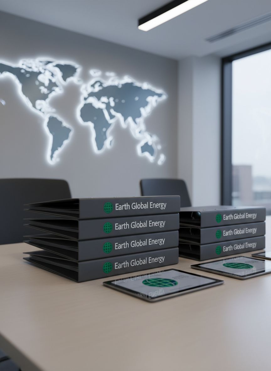 An arrangement of precisely stacked matte charcoal binders and digital tablets, both displaying distinctive Earth Global Energy branding in silver and emerald green, presented on a smooth, neutral-toned desk. The setting is an executive office corner with clean architectural lines and a large planisphere wall map in the background, subtly illuminated. Cool, balanced artificial lighting from above highlights the organization and clean surfaces, casting faint, precise shadows. The atmosphere feels efficient, disciplined, and solution-oriented, with a minimalist, photographic style. Captured from an eye-level composition with shallow depth of field that blurs the map behind, this image reflects expertise in rational analysis and market insight.