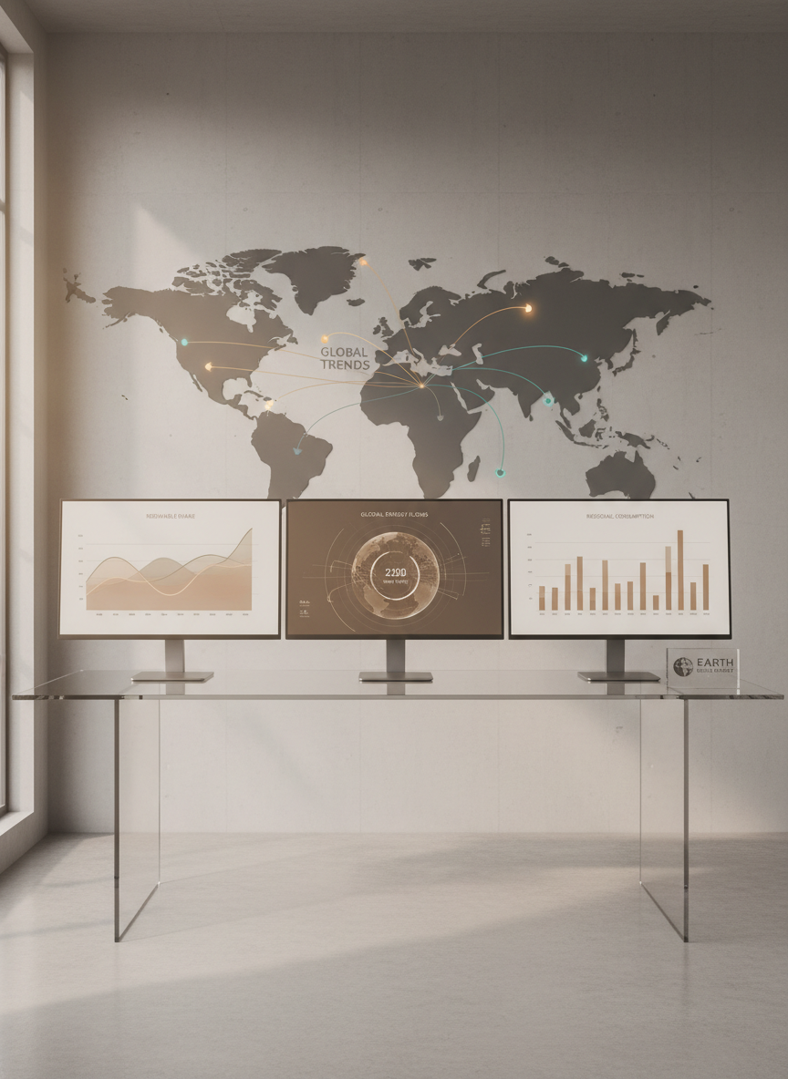 A minimalist world energy dashboard displayed across three ultra-slim digital monitors with subtle earth-toned visualizations, positioned atop a sleek glass desk. Behind the monitors, a lightly textured neutral-grey wall features a relief map showing global energy trends. Gentle, indirect natural light from one side gives soft highlights without glare, creating a calm, high-tech workspace. The mood is focused, transparent, and trustworthy, captured in a clean, balanced photographic style with a slightly wide, straight-on angle and strong horizontal lines. This visual communicates data-driven, international strategy and Earth Global Energy’s rational approach to complex energy systems.