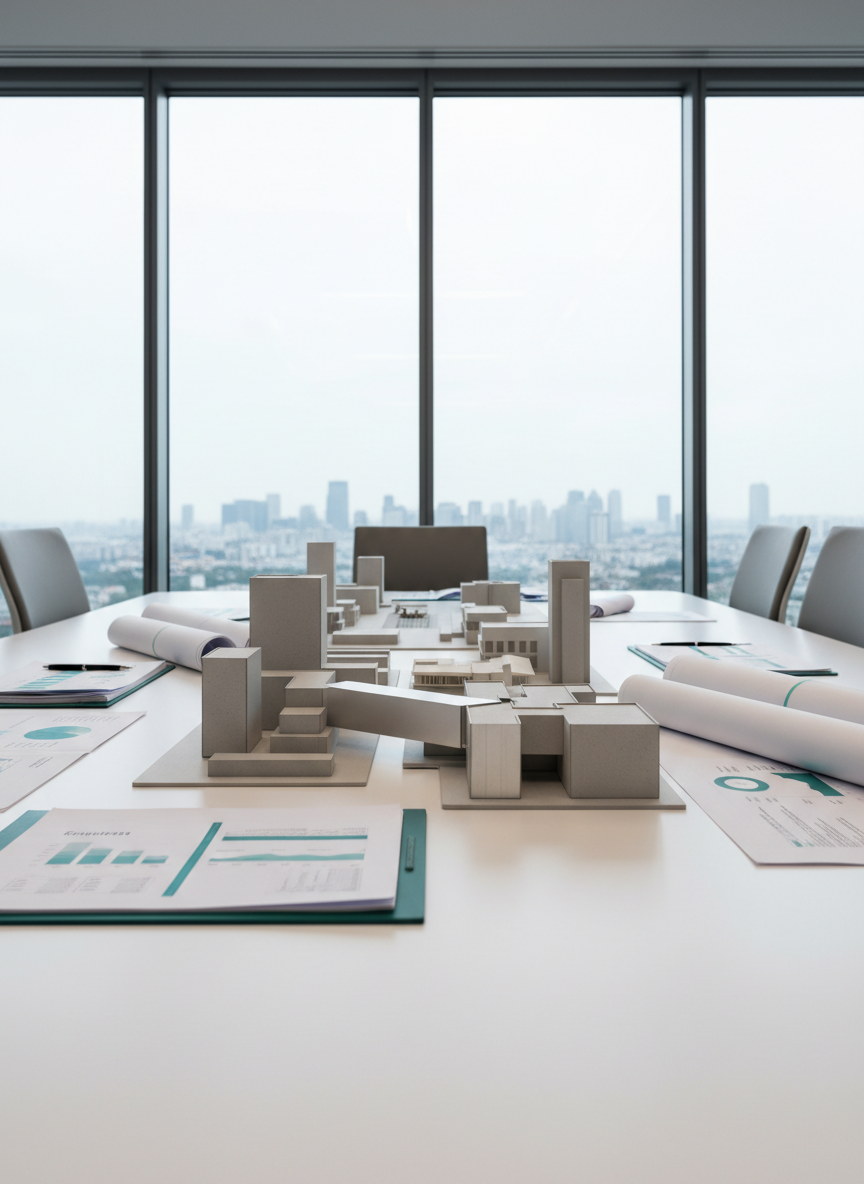 A set of modern, modular architectural models made of brushed aluminum and eco-friendly composite materials arranged on a pristine white conference table. Around the models are neatly placed analytical documents and blueprints with subtle teal highlights. The environment is a spacious, glass-walled boardroom with a backdrop of muted cityscape silhouettes, creating context for international consulting. Soft, diffused daylight comes through large windows, casting even light and minimal shadows. The mood is orderly, analytical, and confident, portrayed with photographic realism and a structured, corporate composition. Captured at a low-angle perspective using the rule of thirds, this image illustrates tailored strategy development in sustainable business environments.