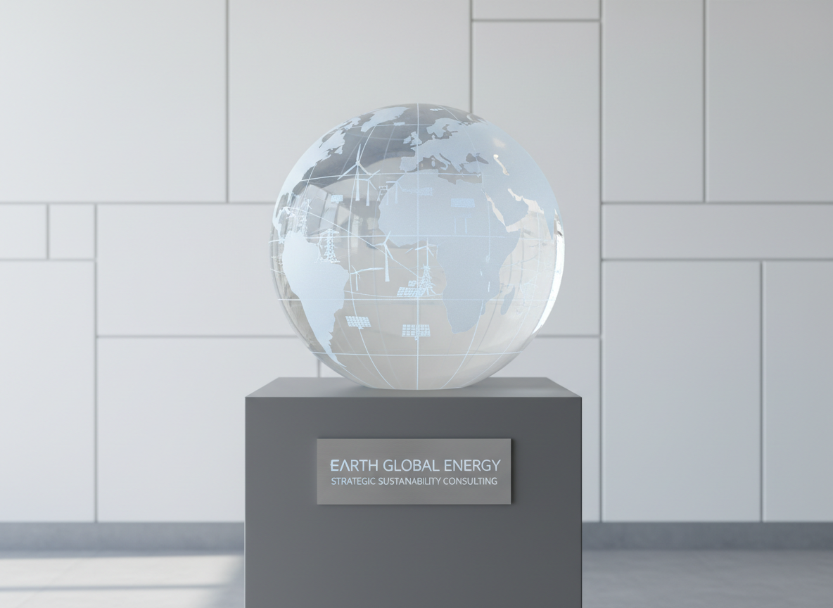 A sleek, transparent glass globe resting on a minimalist matte grey pedestal, delicately etched with crisp, fine lines representing major energy networks and sustainable infrastructure across continents. The background is a seamless off-white wall with subtle geometric texture, conveying stability. Balanced daylight streams in from the side, creating gentle highlights on the glass, casting soft, diffused shadows around the pedestal. The mood is professional, forward-thinking, and serene, emphasizing global scope and strategic clarity. Photographed from a centered, slightly elevated angle with sharp focus throughout, the image has clean lines and a polished, corporate aesthetic. This visual embodies Earth Global Energy’s commitment to worldwide, rational sustainability consulting.
