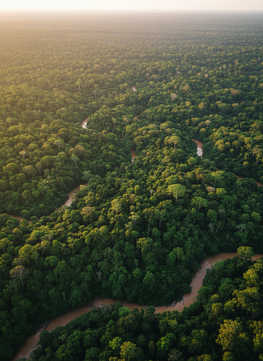 vue aérienne de la forêt amazonienne, riche en verdure, avec la canopée et la lumière naturelle