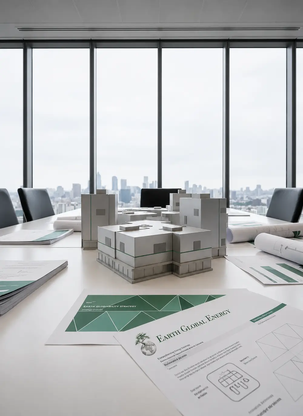 A set of modern, modular architectural models made of brushed aluminum and eco-friendly composite materials arranged on a pristine white conference table. Around the models are neatly placed analytical documents and blueprints with subtle teal highlights. The environment is a spacious, glass-walled boardroom with a backdrop of muted cityscape silhouettes, creating context for international consulting. Soft, diffused daylight comes through large windows, casting even light and minimal shadows. The mood is orderly, analytical, and confident, portrayed with photographic realism and a structured, corporate composition. Captured at a low-angle perspective using the rule of thirds, this image illustrates tailored strategy development in sustainable business environments.